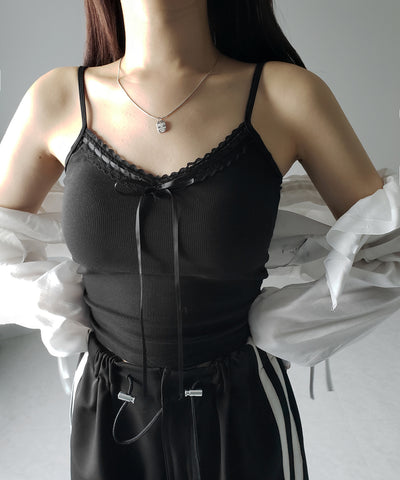 【 カップ付き 】サテンリボンレースリブキャミソール / satin ribbon lace lib camisole