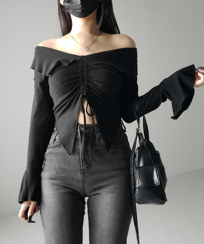 シャーリングフロントスリットオフショルトップス / shirring front slit offshoulder tops