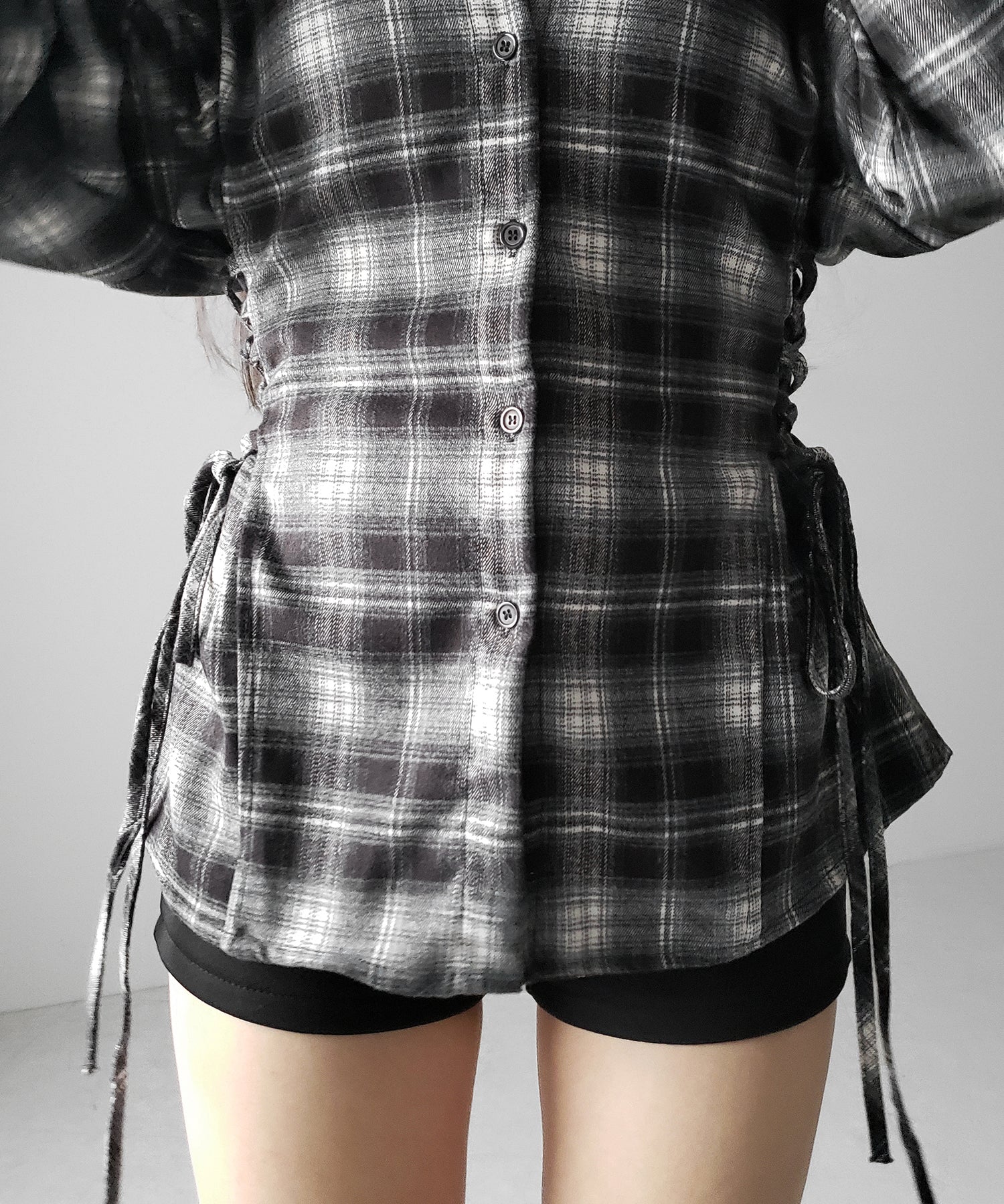 レースアップリボンスリムラインチェックネルシャツ / lace up ribbon slim line check flannel shirt