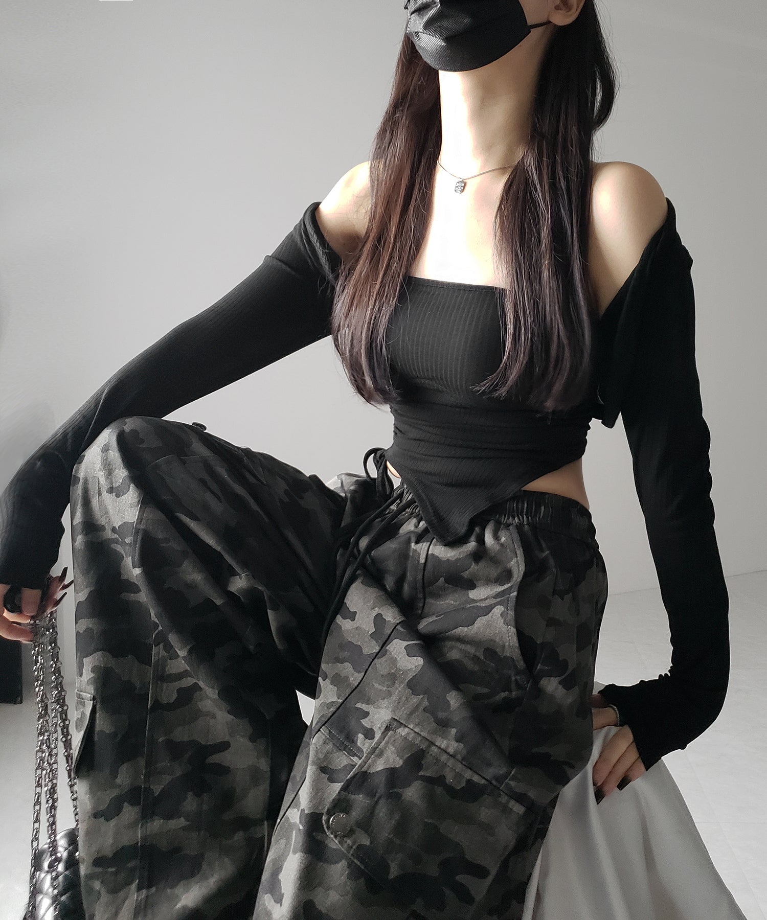 【 2点セット 】シャーリングリボンベアトップス & ショートカーディガン SET / shirring ribbon bare tops & short cardigan SET