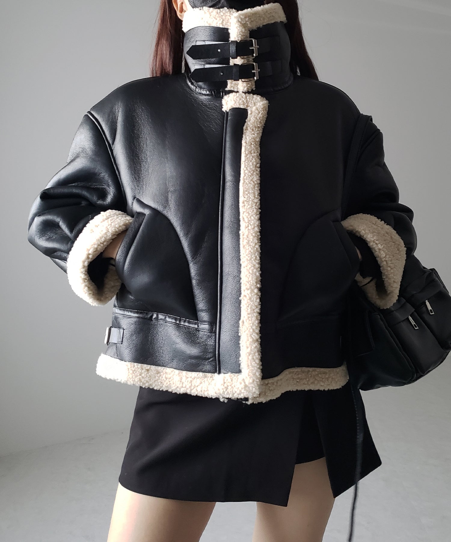 フェイクレザームートンB-3クロップドフライトジャケット