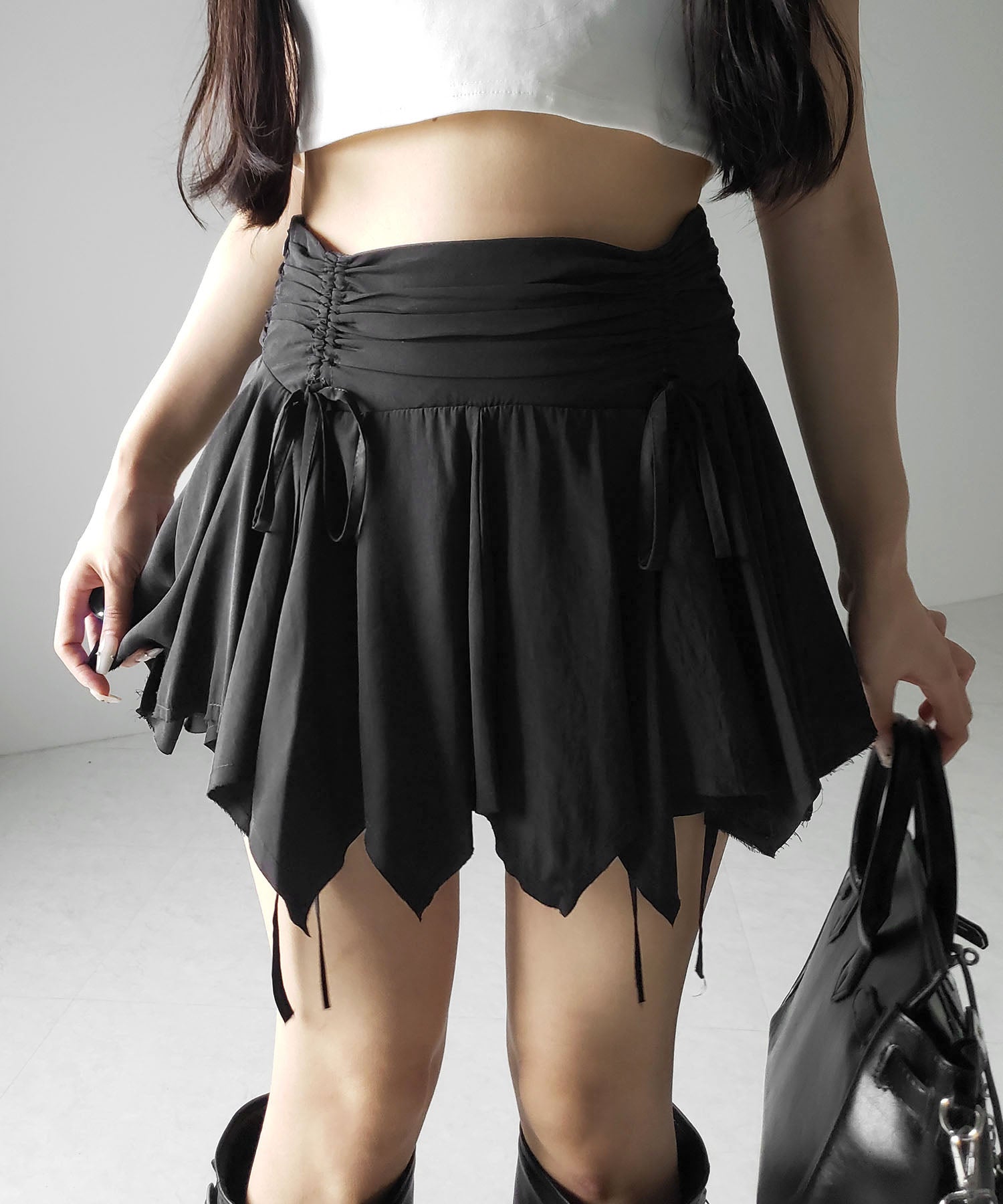 【 2color / 2size 】シャーリングダブルリボンアシンメトリーフリルミニスカート / shirrin double ribbon asymmetry frill mini skirt