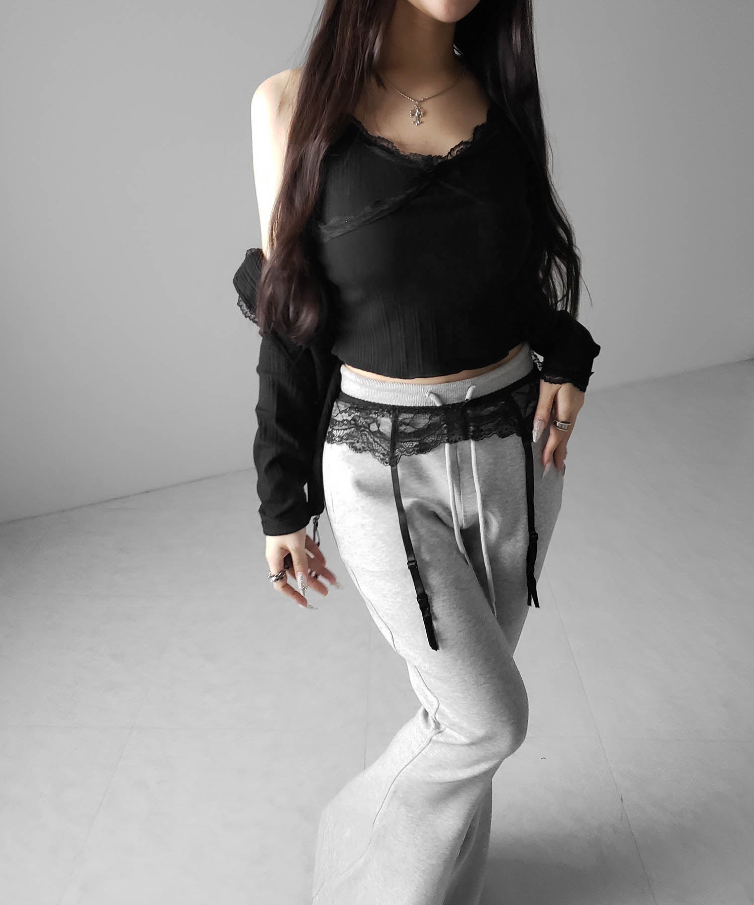 【 2点セット 】レースドッキングリブキャミソール + カーディガンセット / lace docking lib camisole + cardigan SET