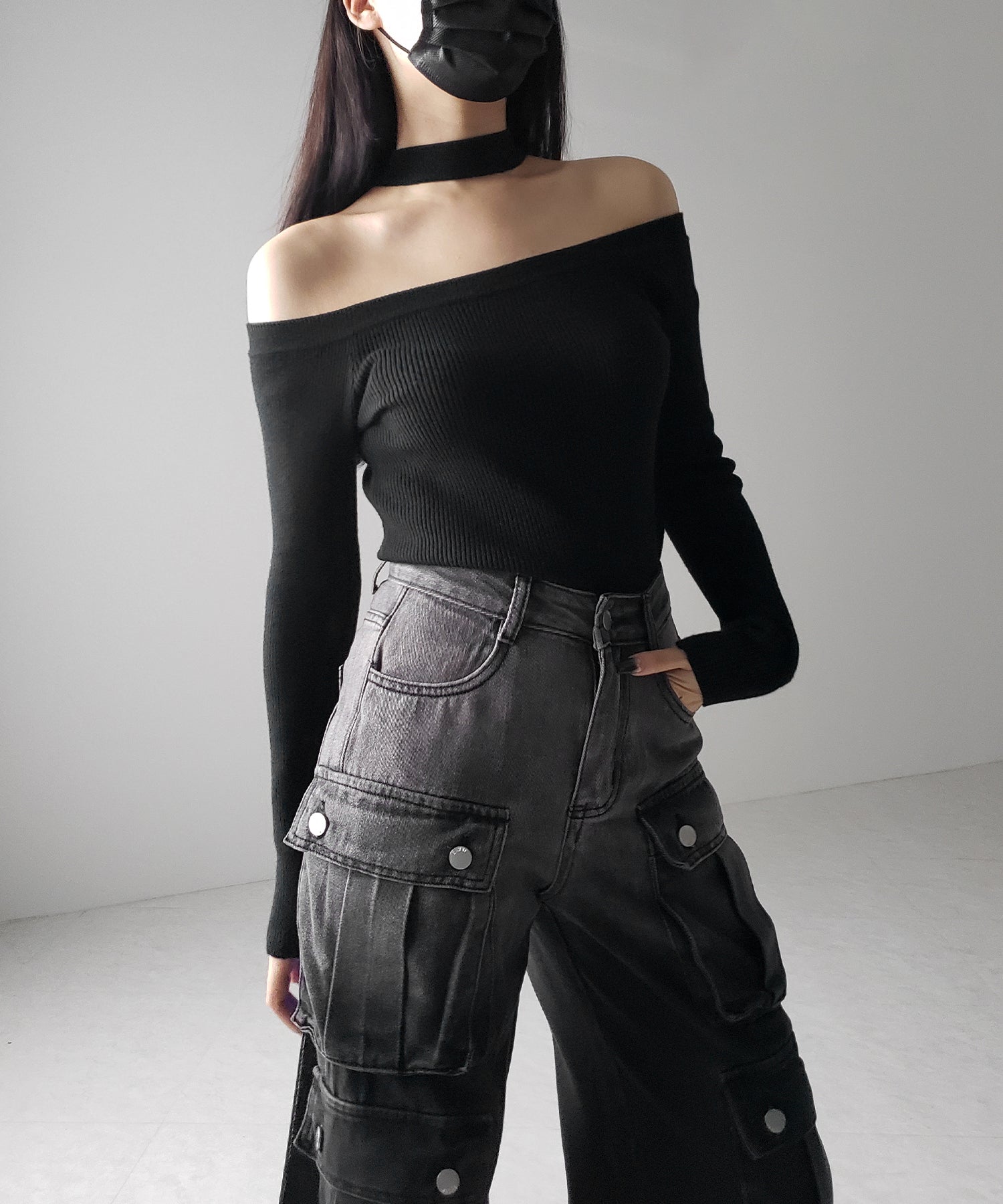 【 2color 】チョーカーオフショルリブニットトップス /choker offshoulder lib knit tops
