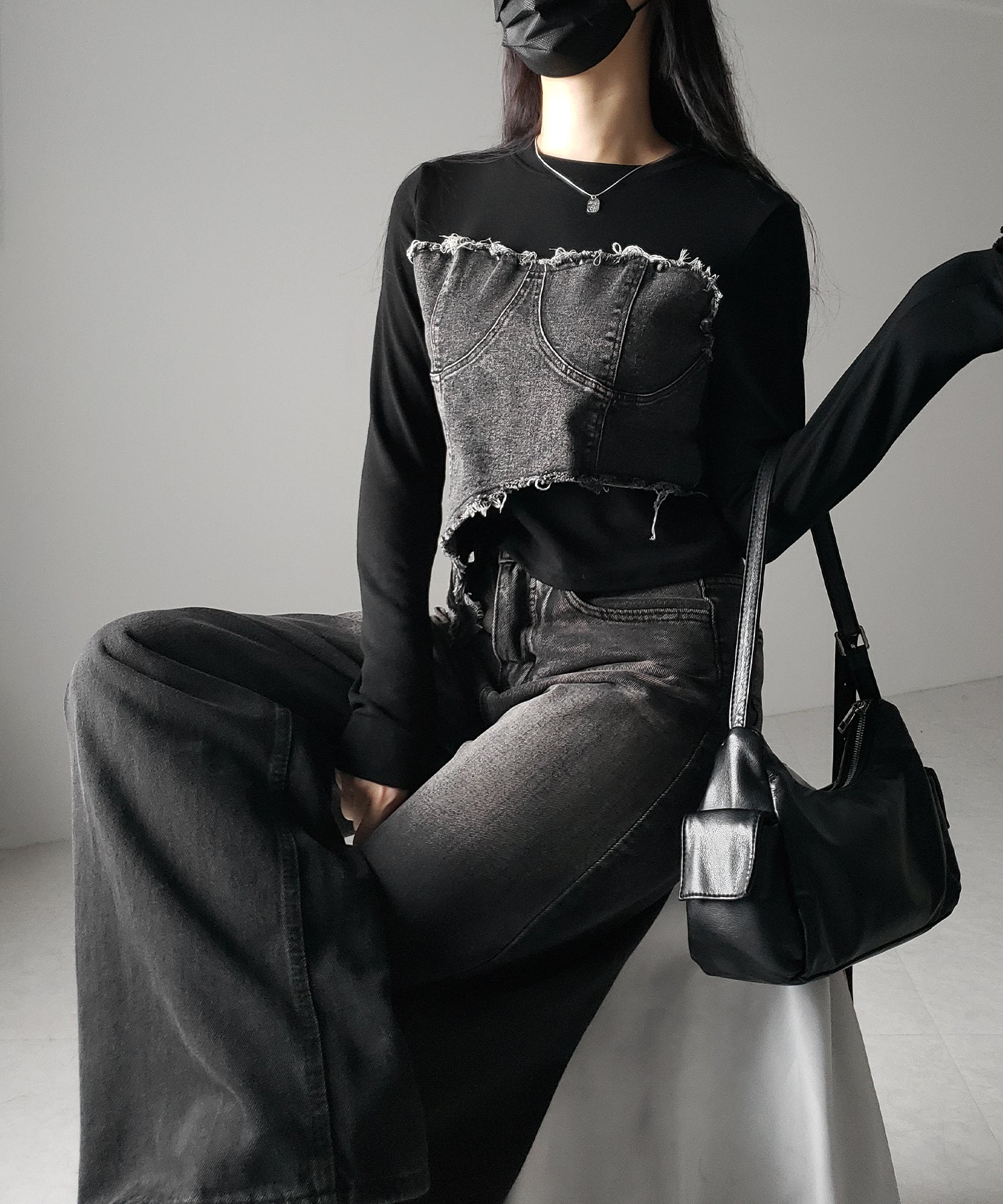 【 2color 】ダメージデニムビスチェドッキングTシャツ / damage denim bustier docking Tee
