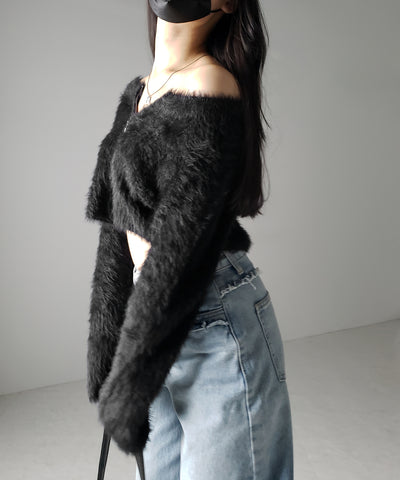 フロントジップショートシャギーニットカーディガン / front zip short shaggy knit cardigan