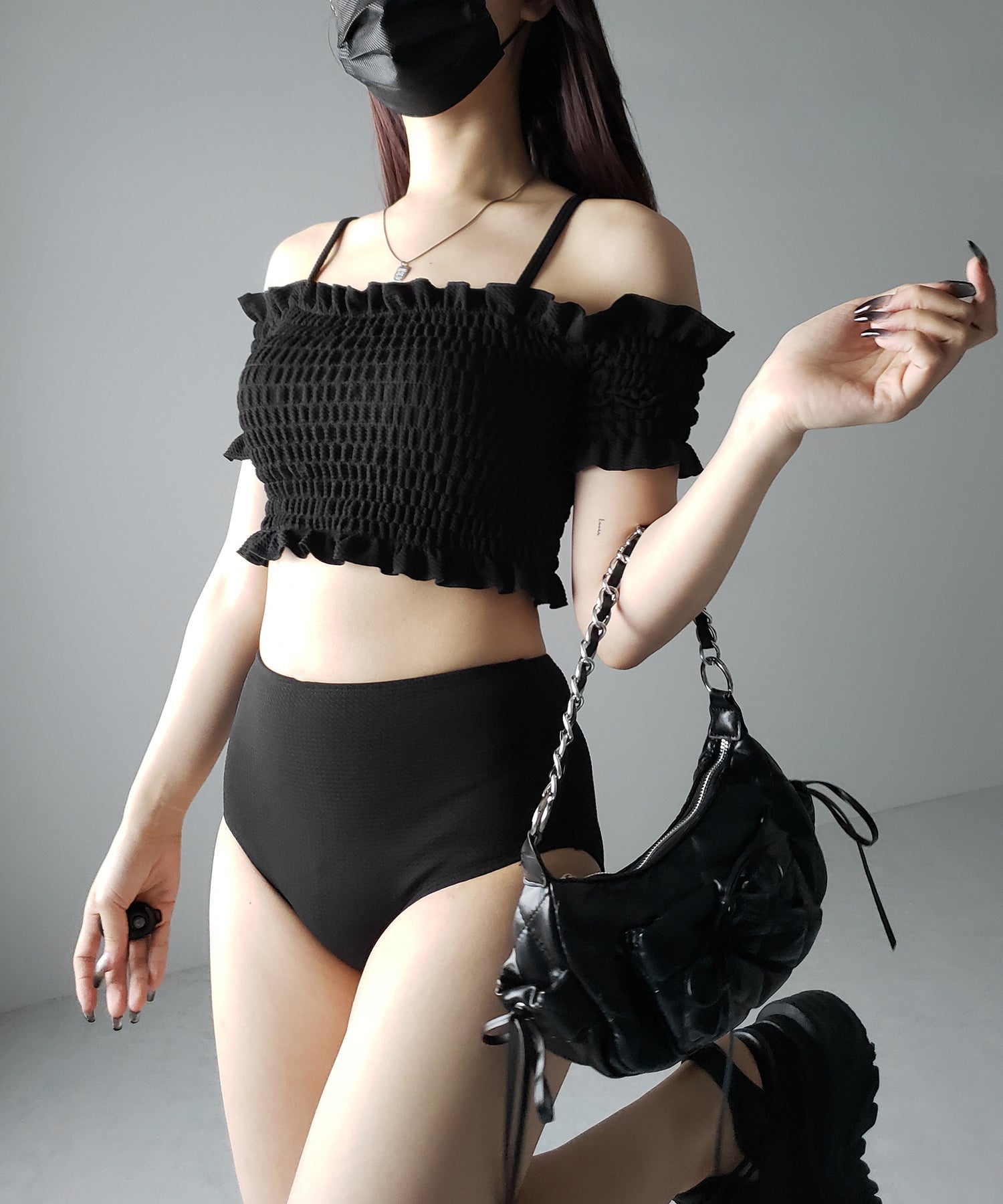 【 レディース水着/2点セット 】オフショルダーシャーリングギャザーハイウエストビキニ / off shoulder shirring gather highwaist bikini