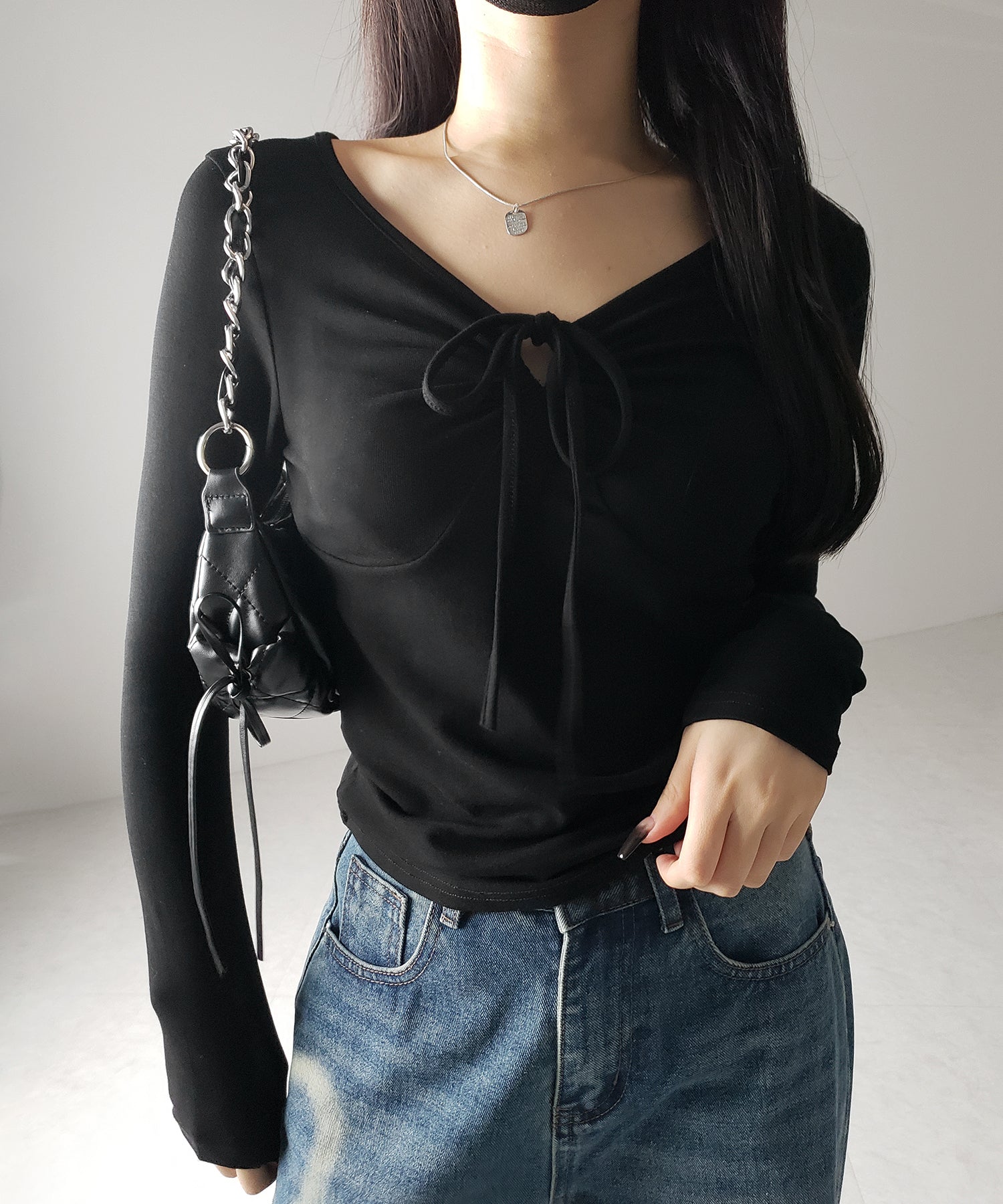 【 3WAY 】クロスストラップリボンギャザーカットソートップス / cross strap ribbon gather cutsew tops