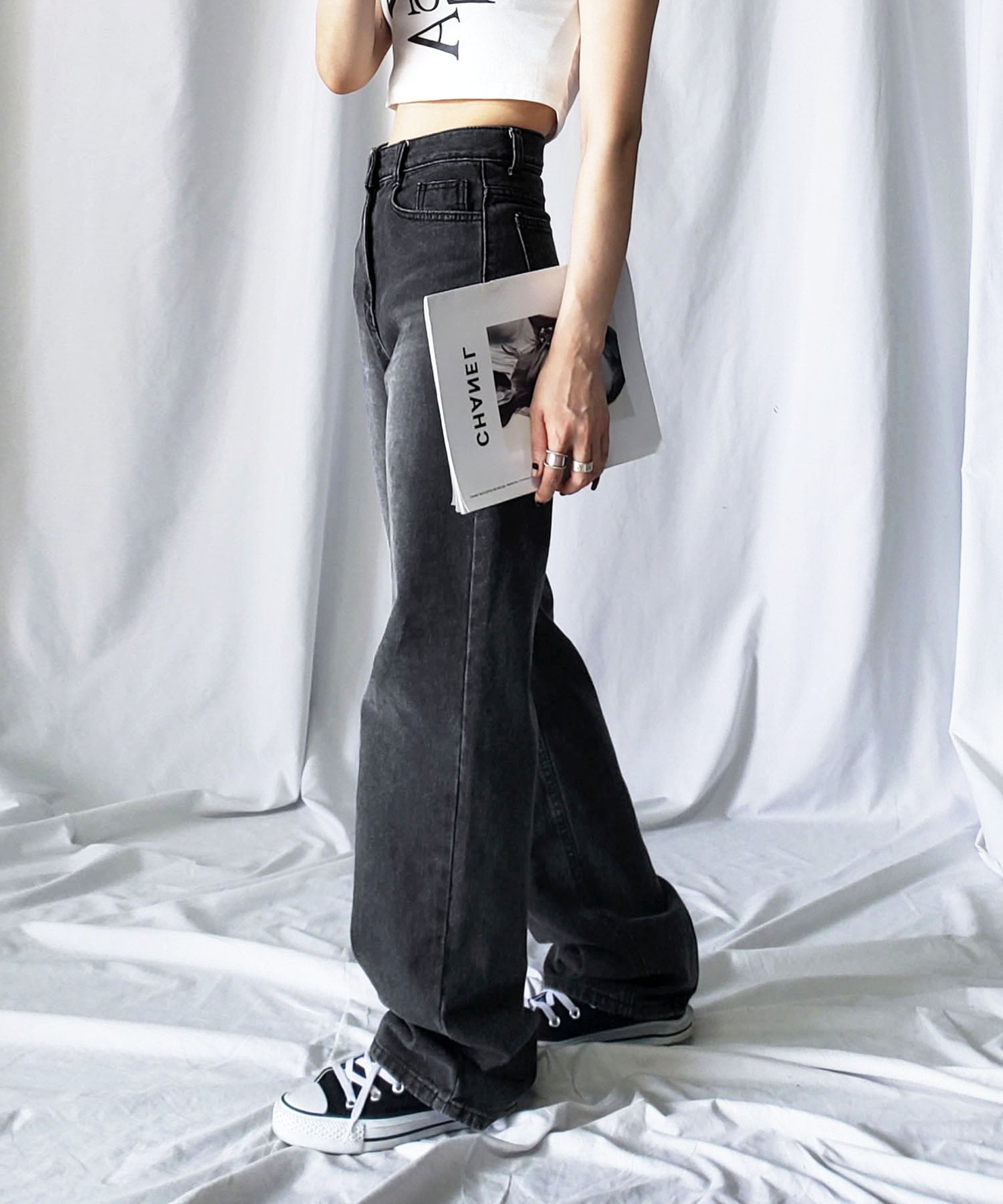 【 2color / 3size 】ハイウエストウォッシングロングデニムパンツ