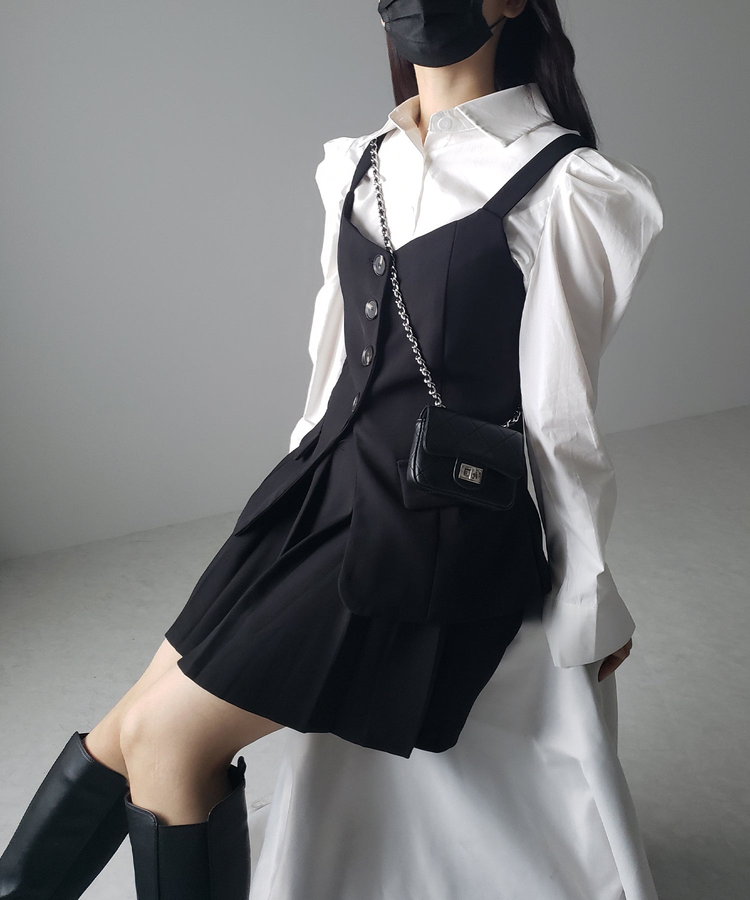 【 3点セットアップ 】ショートシャツ&プリーツミニスカート&キャミビスチェ SET
