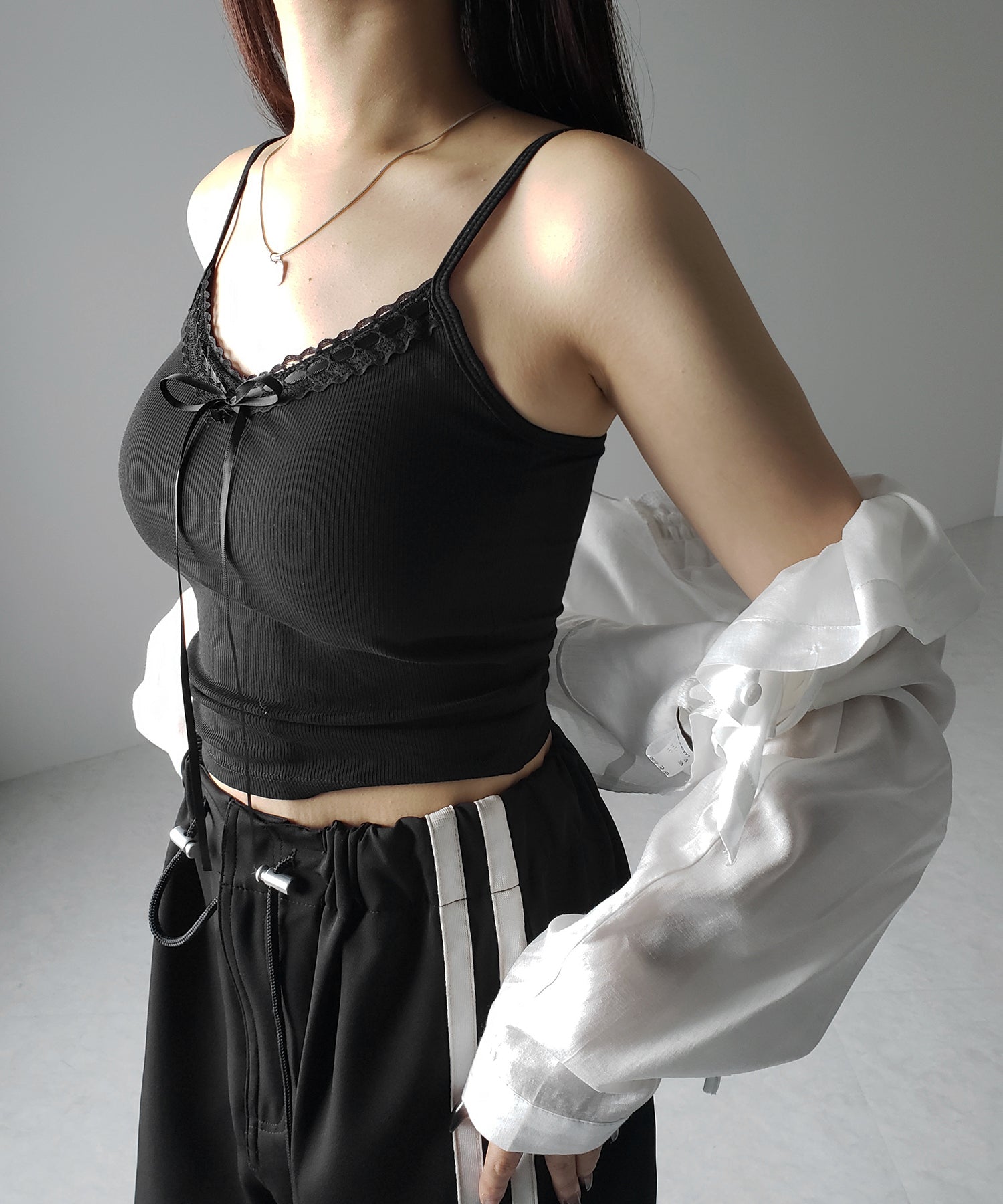 【 カップ付き 】サテンリボンレースリブキャミソール / satin ribbon lace lib camisole