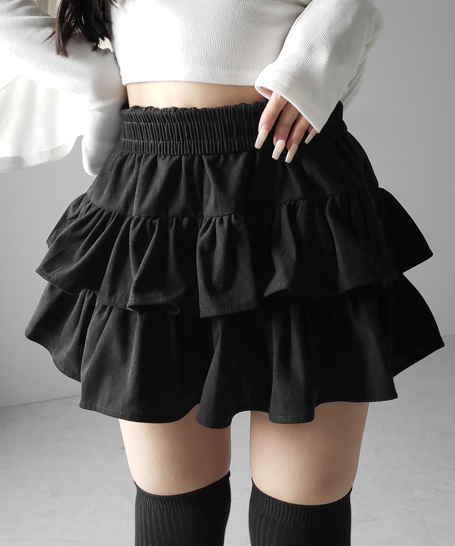【 無地 or レオパードから選べる / インパン裏地付 】コーデュロイティアードフリルミニスカート / corduroy tiered frill mini skirt