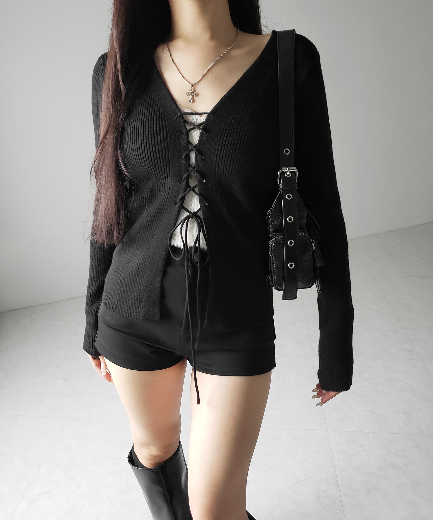 【 3color 】レースアップリボンリブニットカーディガン / lace up ribbon rib knit cardigan