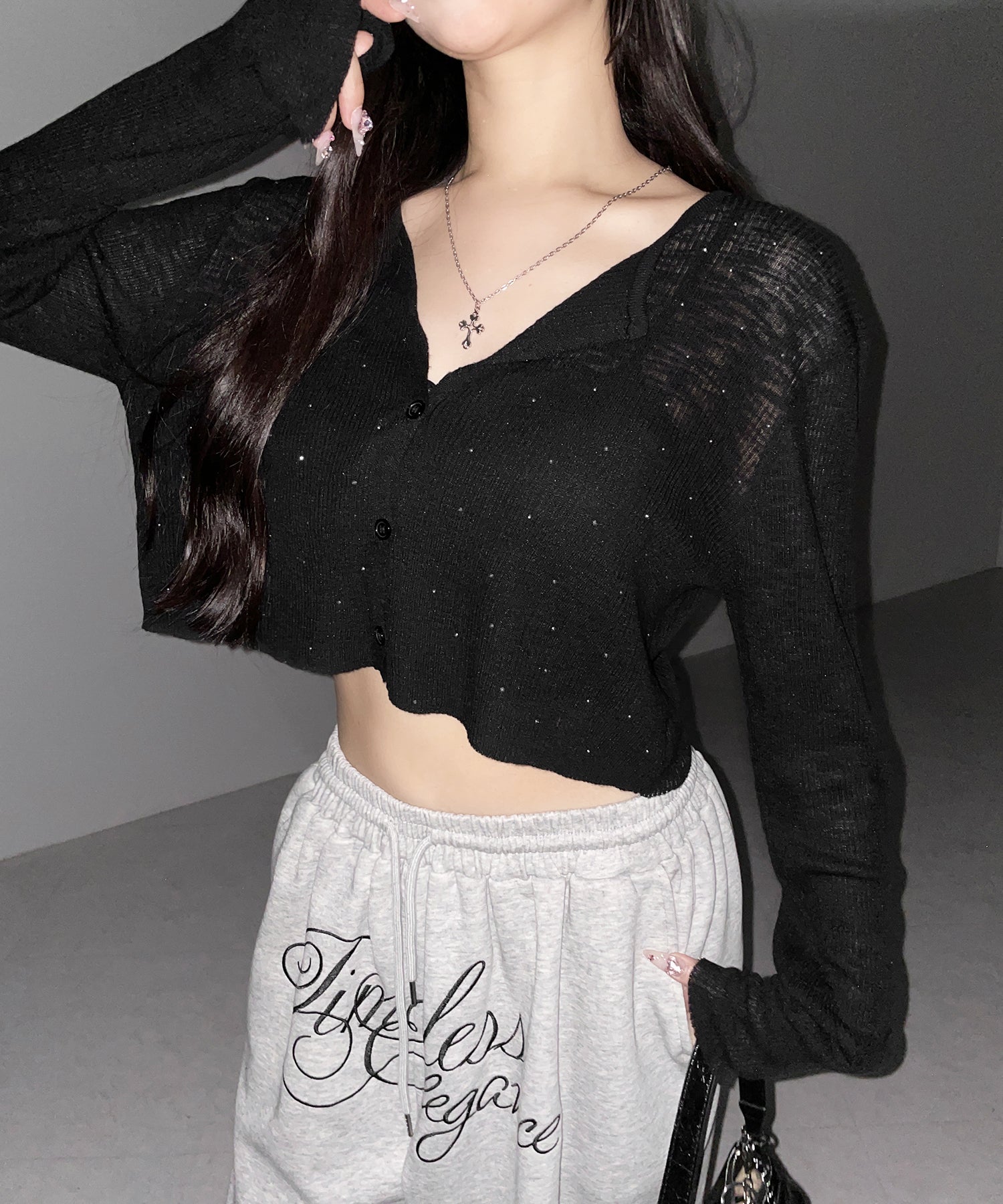 ラインストーンシアーニットカーディガン / Rhine stone sheer knit cardigan