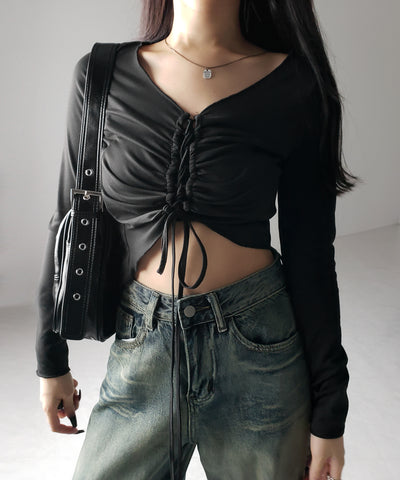 レースアップショートスリムカットソートップス / lace up short slim cut and sew tops