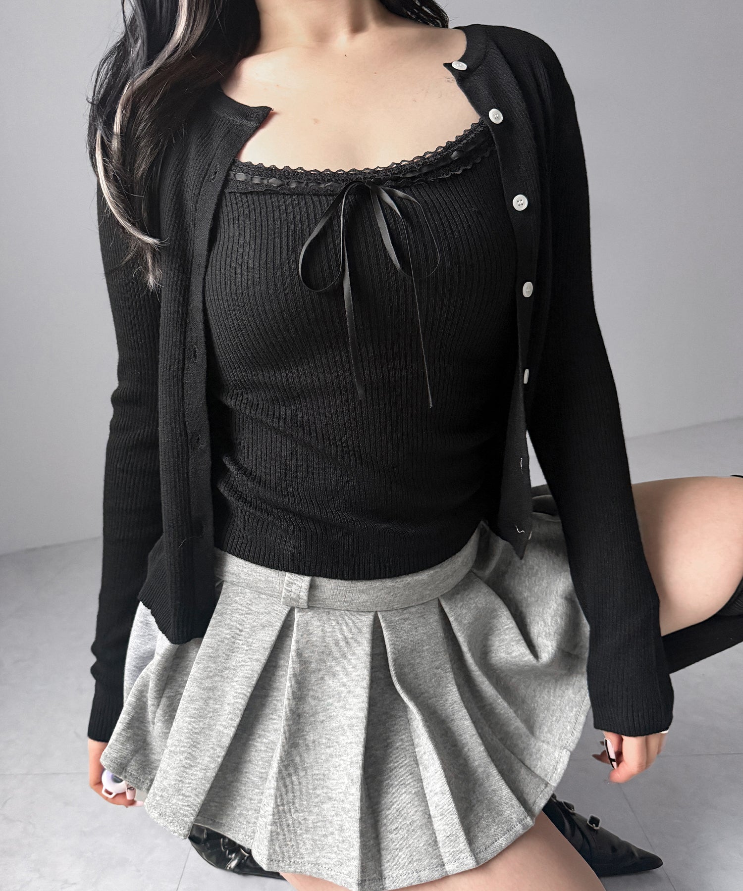 【 2点セット 】リボンリブニットキャミソール + カーディガンセット / ribbon rib knit camisole + cardigan set