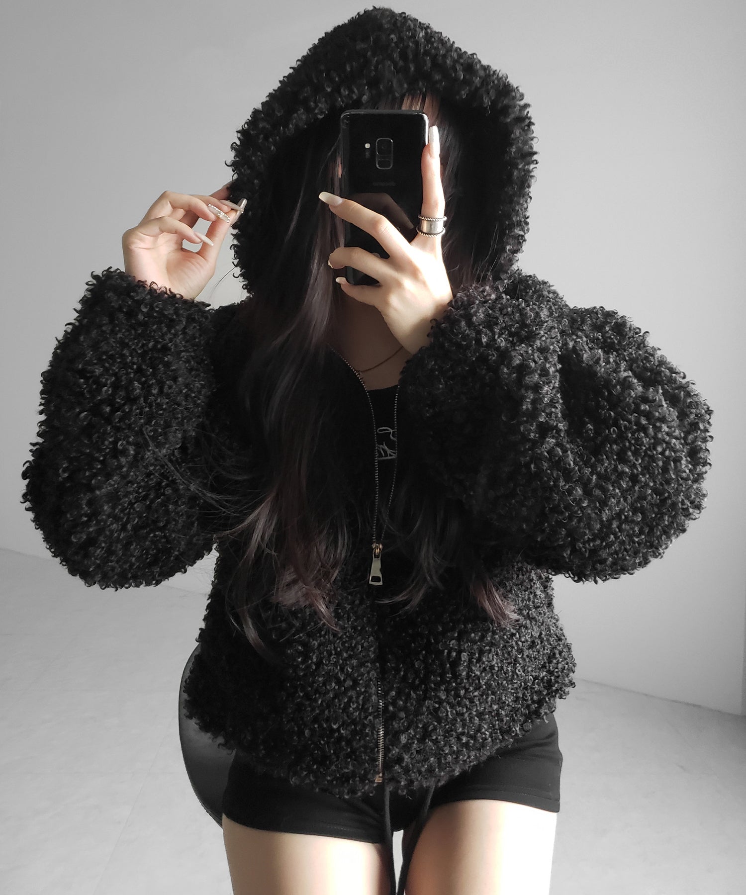 テディボアジップアップフーディクロップドコート / teddy boa zipup hoodie cropped cat