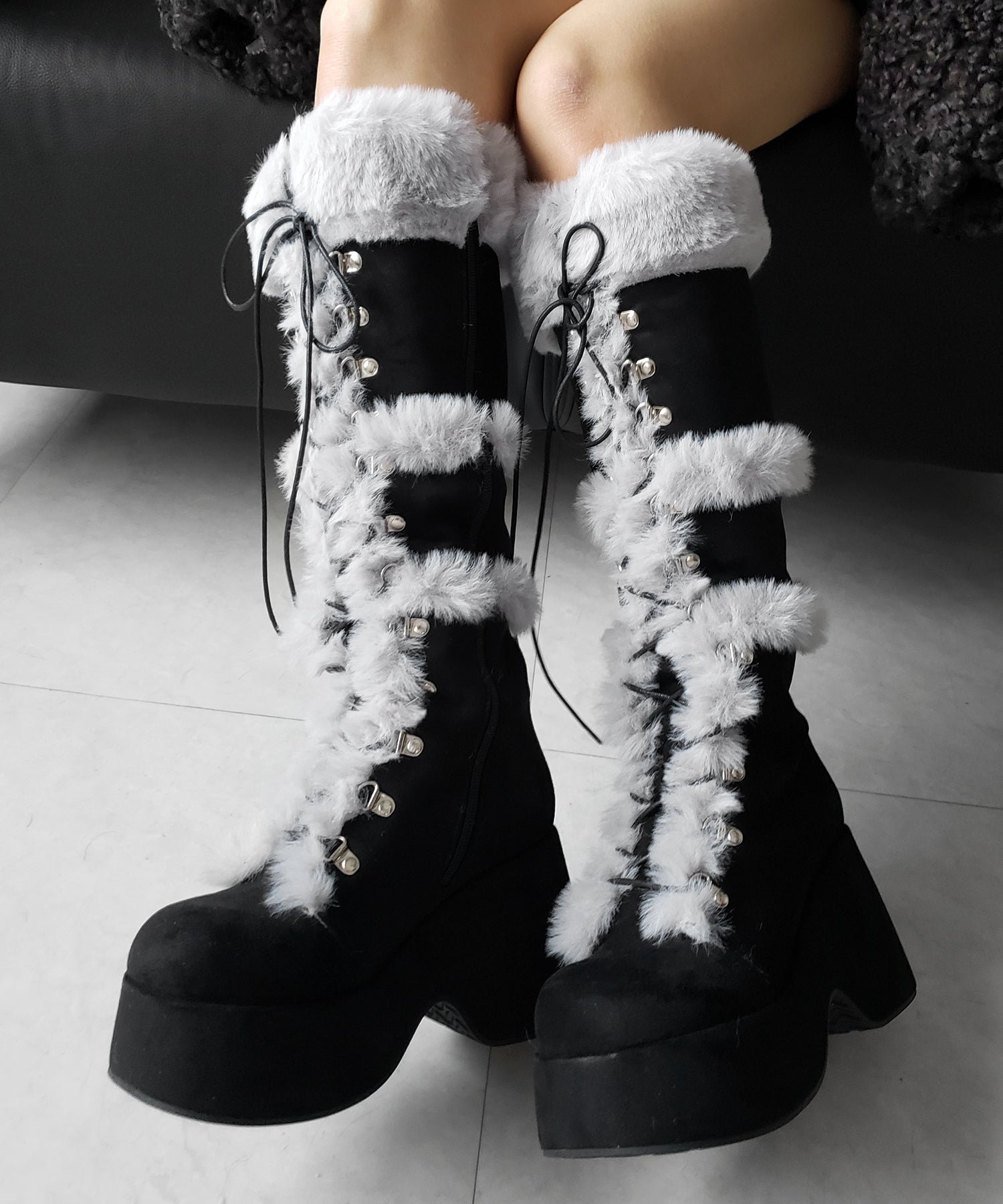 厚底レースアップムートンロングブーツ / platform laceup mouton long boots