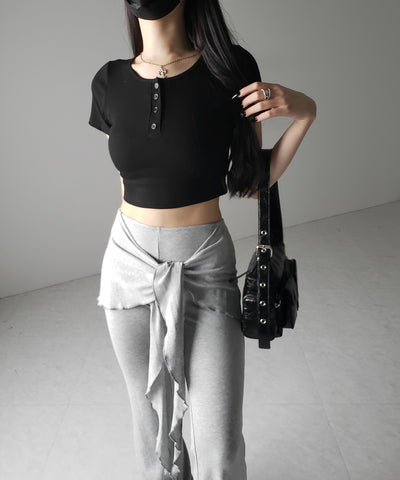 ヘンリーネック半袖ショートリブTシャツ /henley neck short sleeve short lib T-shirt