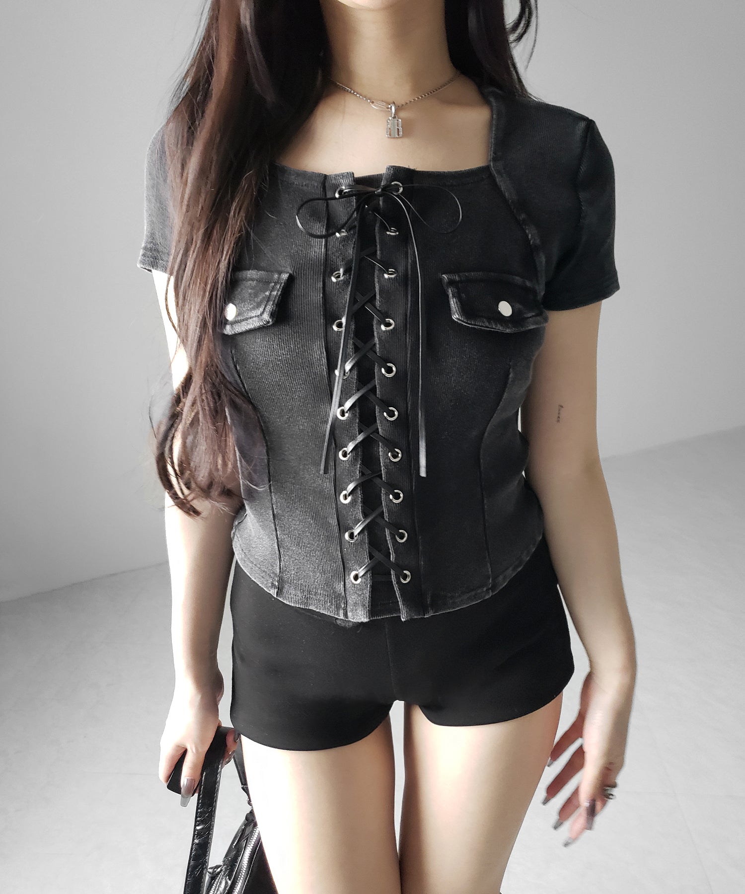 ヴィンテージレースアップスクエア半袖Tシャツ / vintage laceup square T-shirts