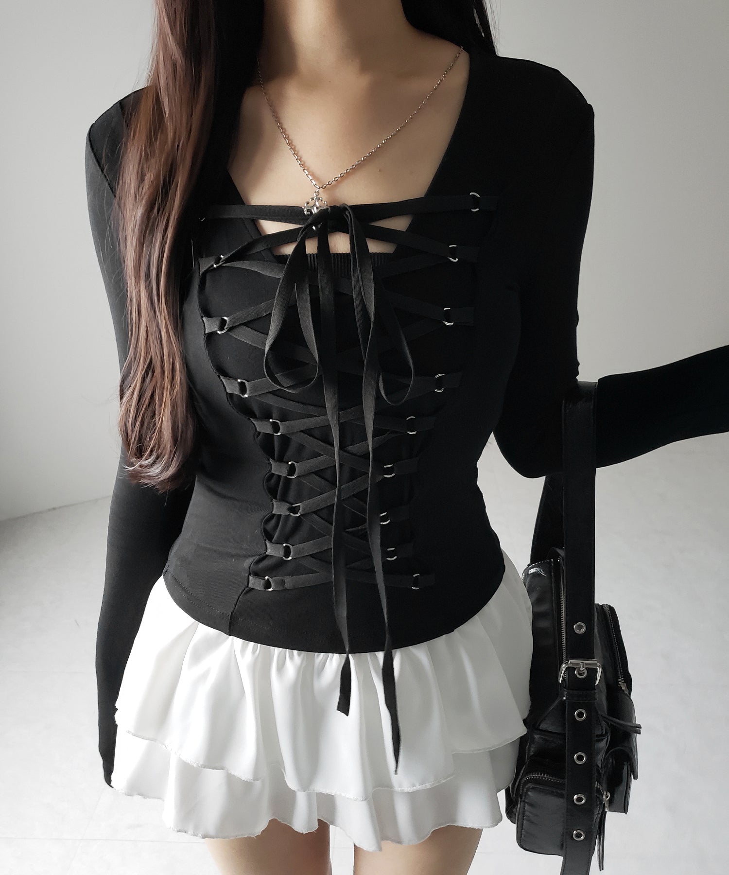 【 3WAY /2color 】レースアップコルセットリボンチョーカートップス / lace up corset ribbon choker tops