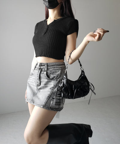 キーネックショートサマーリブニットトップス / Key neck short summer rib knit tops