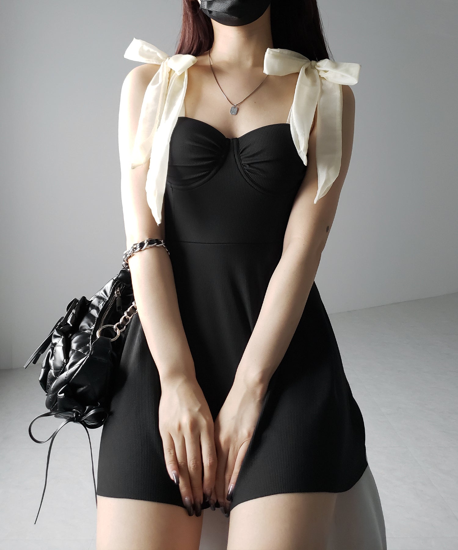 【 レディース水着 】ショルダーリボンバイカラーワンピース水着 / shoulder ribbon bicolor onepiece swimwear