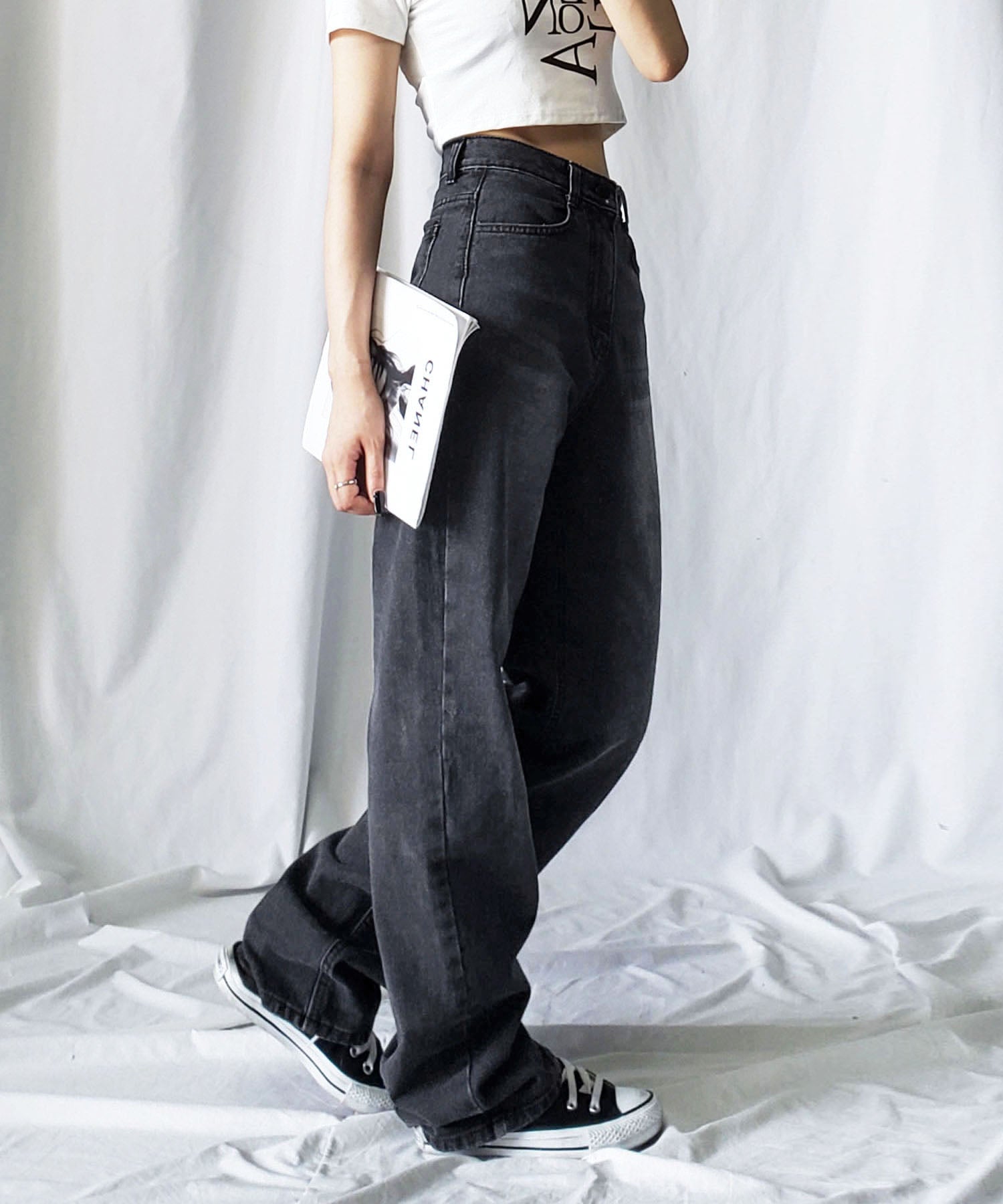 【 2color / 3size 】ハイウエストウォッシングロングデニムパンツ