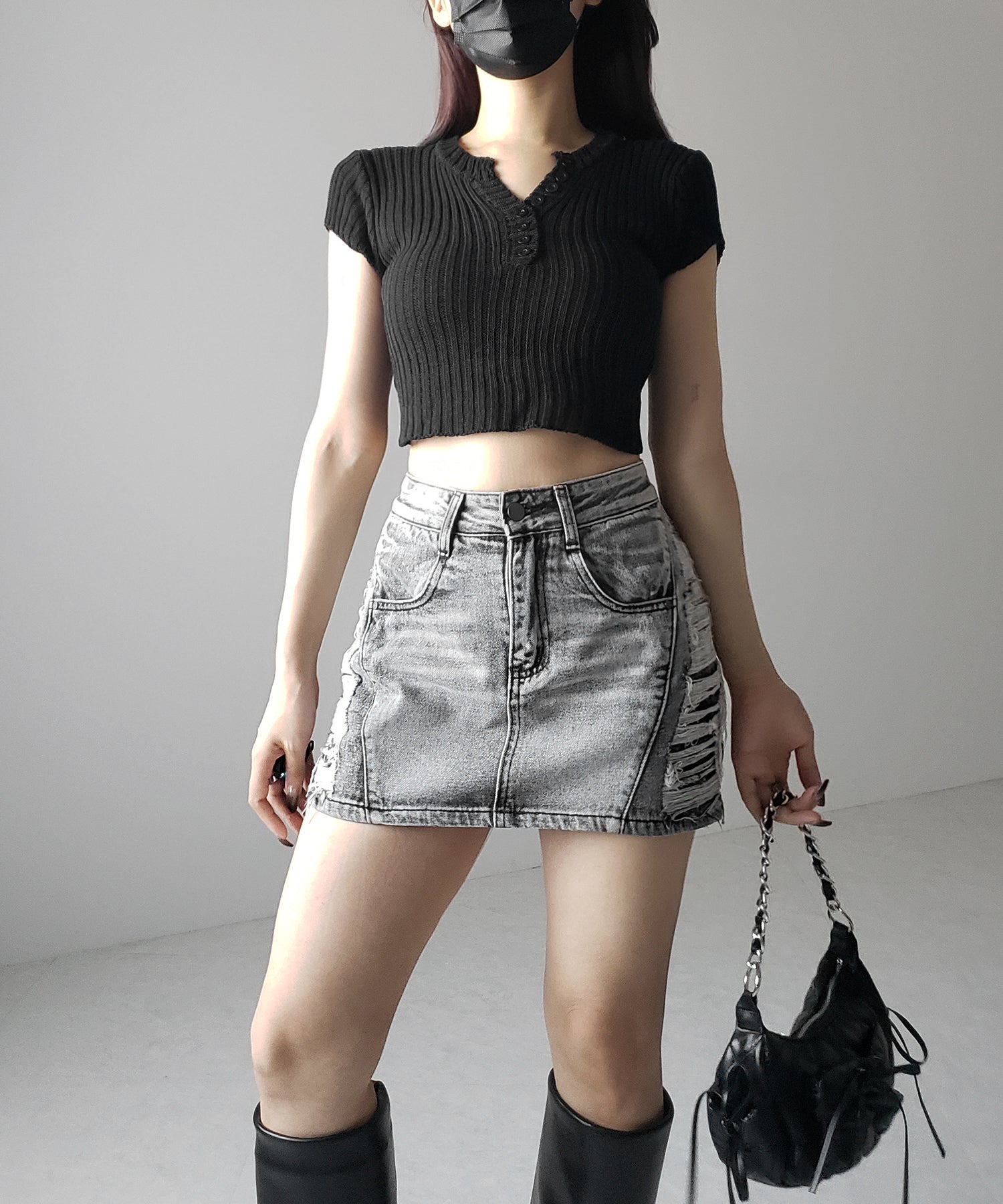 キーネックショートサマーリブニットトップス / Key neck short summer rib knit tops