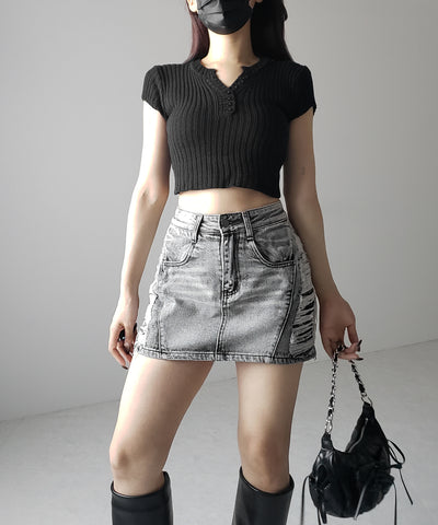 キーネックショートサマーリブニットトップス / Key neck short summer rib knit tops