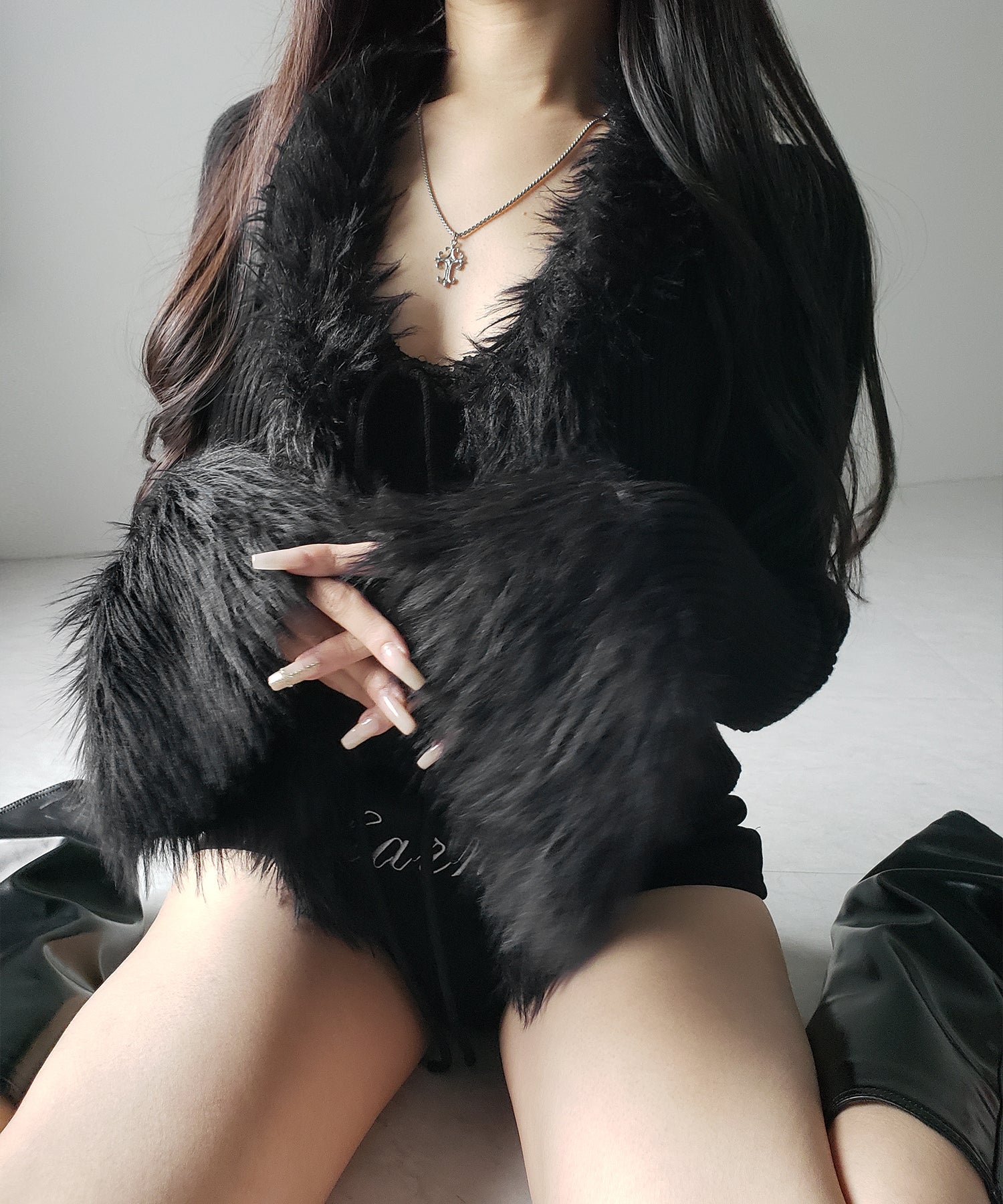 シャギーファードッキングリブニットカーディガン / shaggy fur docking rib knit cardigan
