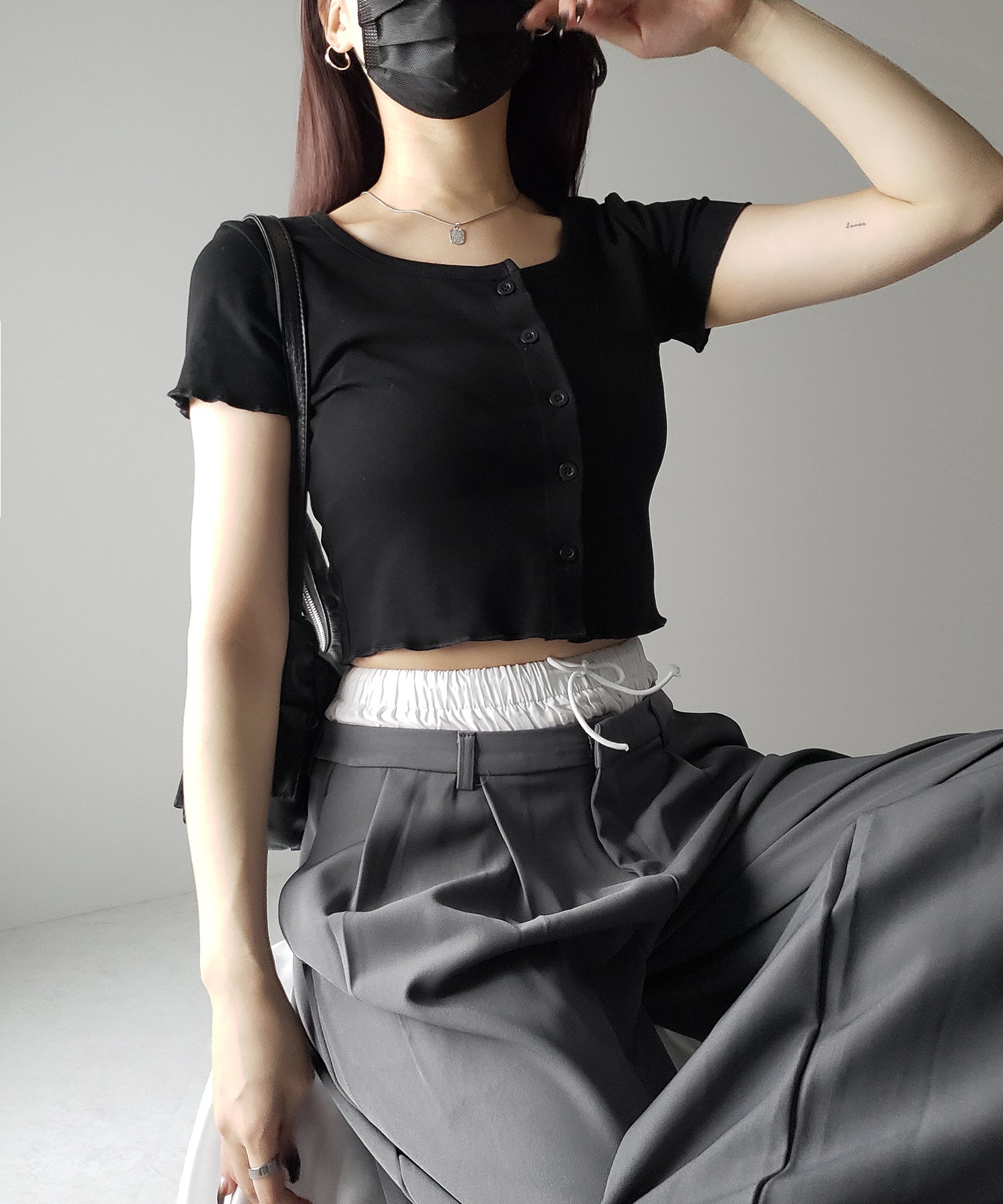 【 3color 】フロントボタン半袖メローショートTシャツ / front button mellow short Tee