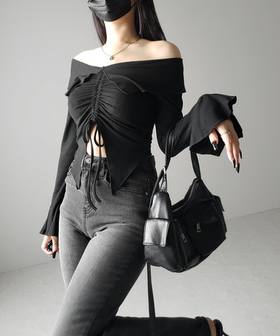 シャーリングフロントスリットオフショルトップス / shirring front slit offshoulder tops