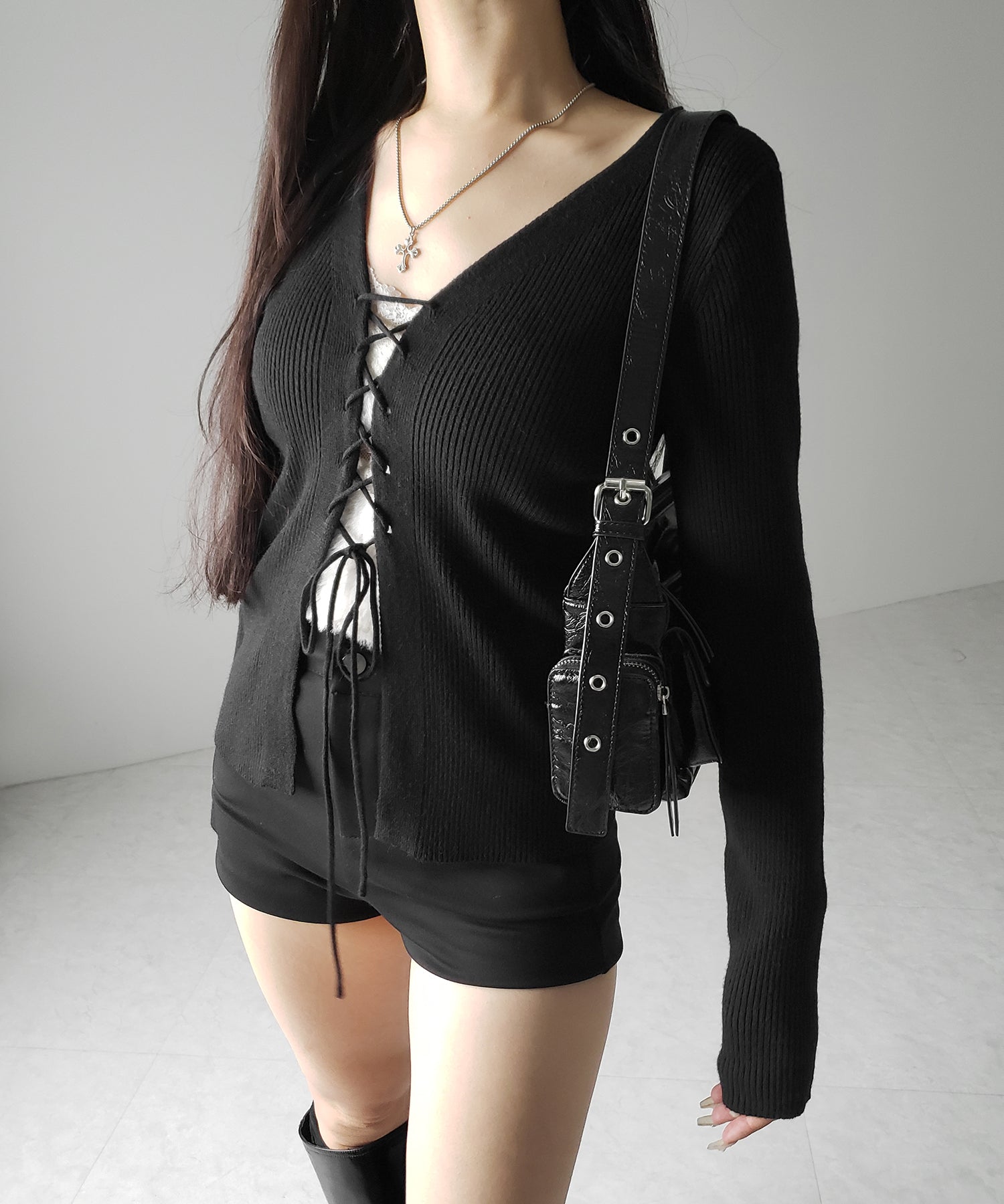 【 3color 】レースアップリボンリブニットカーディガン / lace up ribbon rib knit cardigan