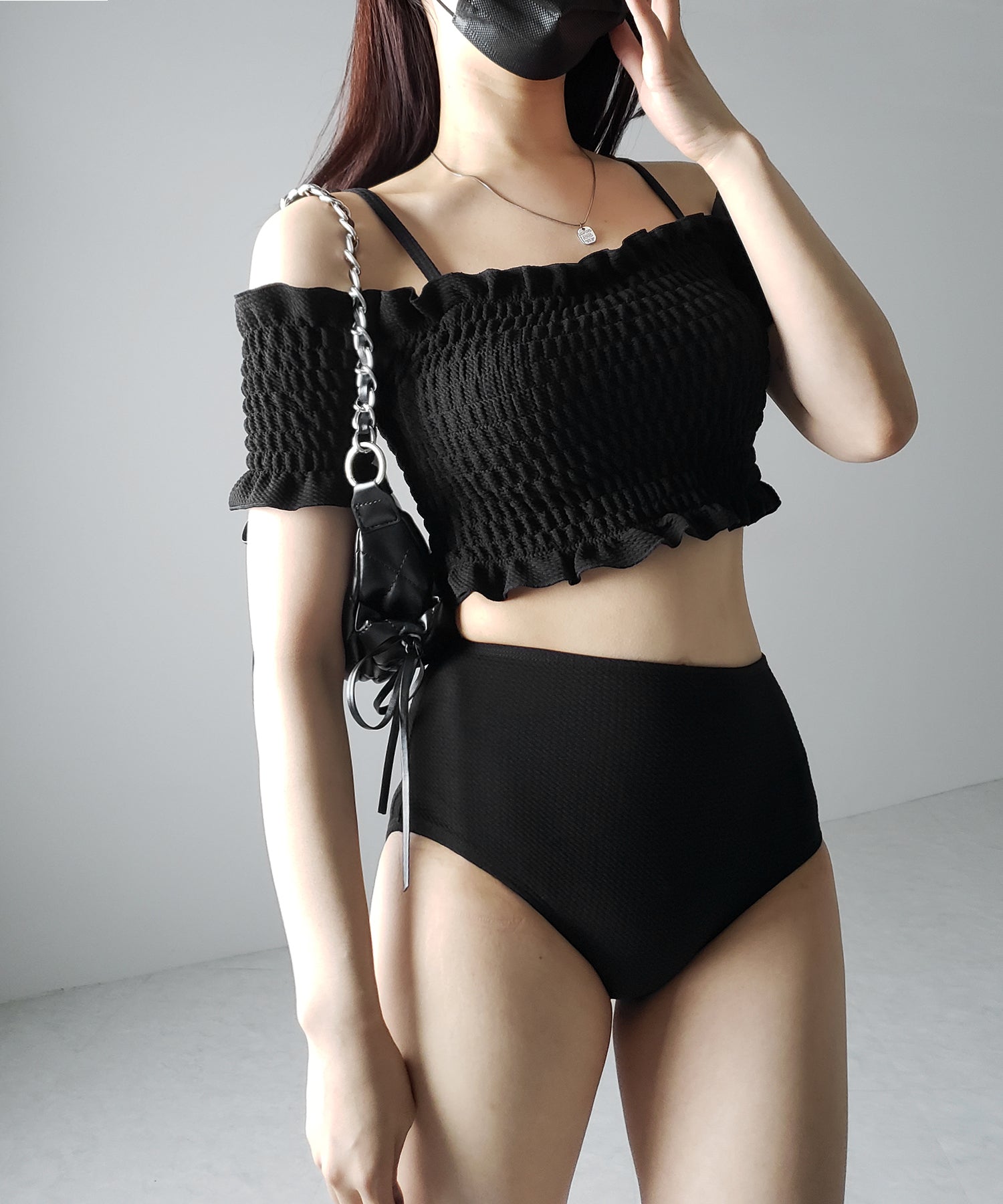 【 レディース水着/2点セット 】オフショルダーシャーリングギャザーハイウエストビキニ / off shoulder shirring gather highwaist bikini