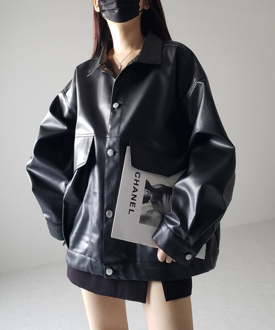 【 裾絞り可能2WAY 】ビッグシルエットボーイフレンドレザージャケット