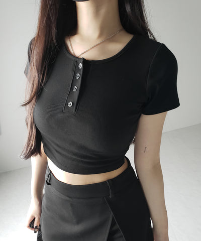 ヘンリーネック半袖ショートリブTシャツ /henley neck short sleeve short lib T-shirt