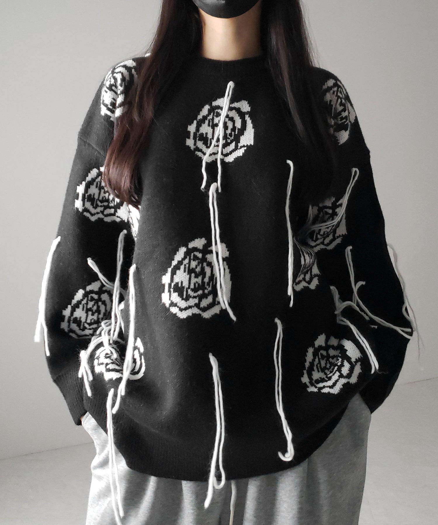 バラジャガードフリンジビッグシルエットニット / rose jacquard fringe big silhouette knit