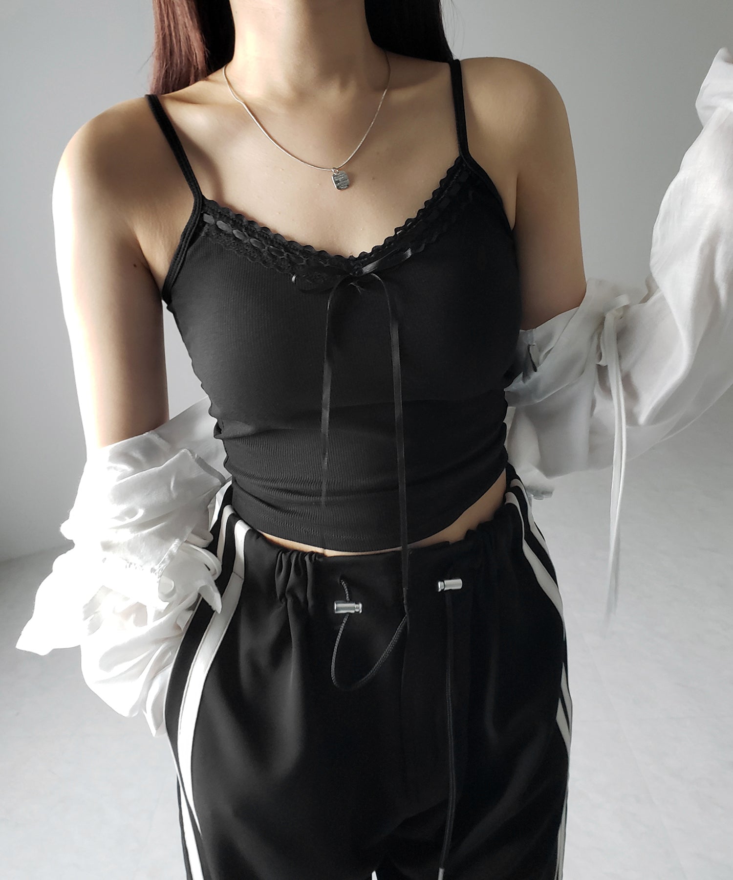 【 カップ付き 】サテンリボンレースリブキャミソール / satin ribbon lace lib camisole