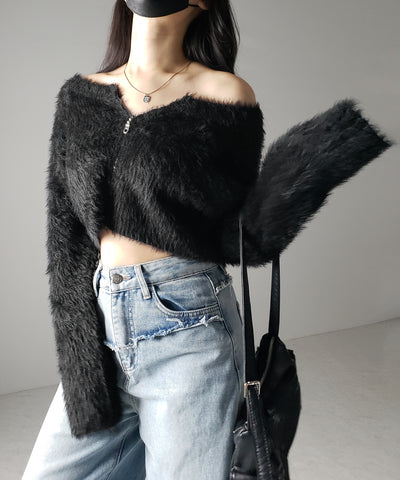 フロントジップショートシャギーニットカーディガン / front zip short shaggy knit cardigan