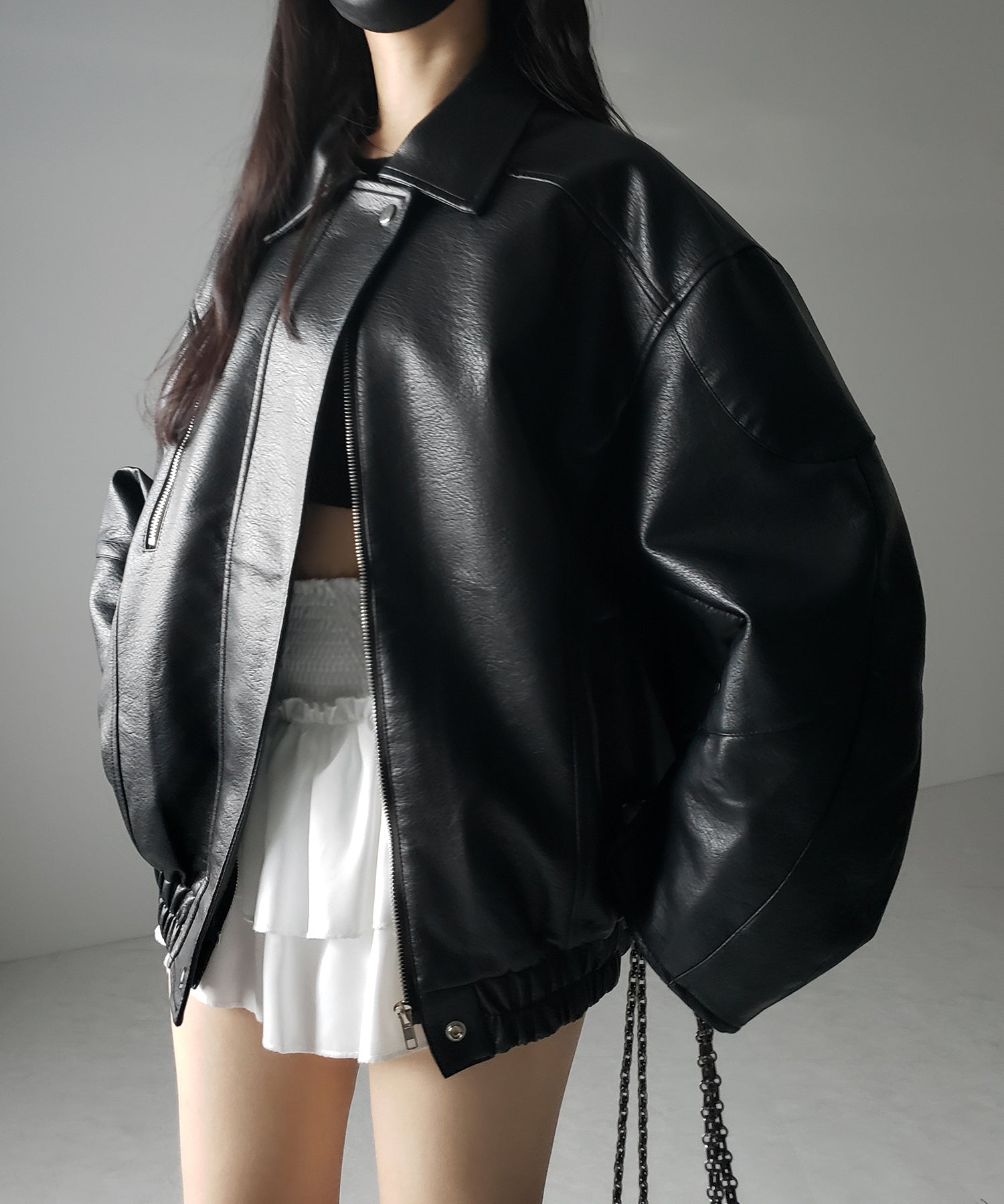 【 2color 】ヴィンテージライクボリュームスリーブフェイクレザーブルゾン / vintage like volume sleeve fake leather blouson