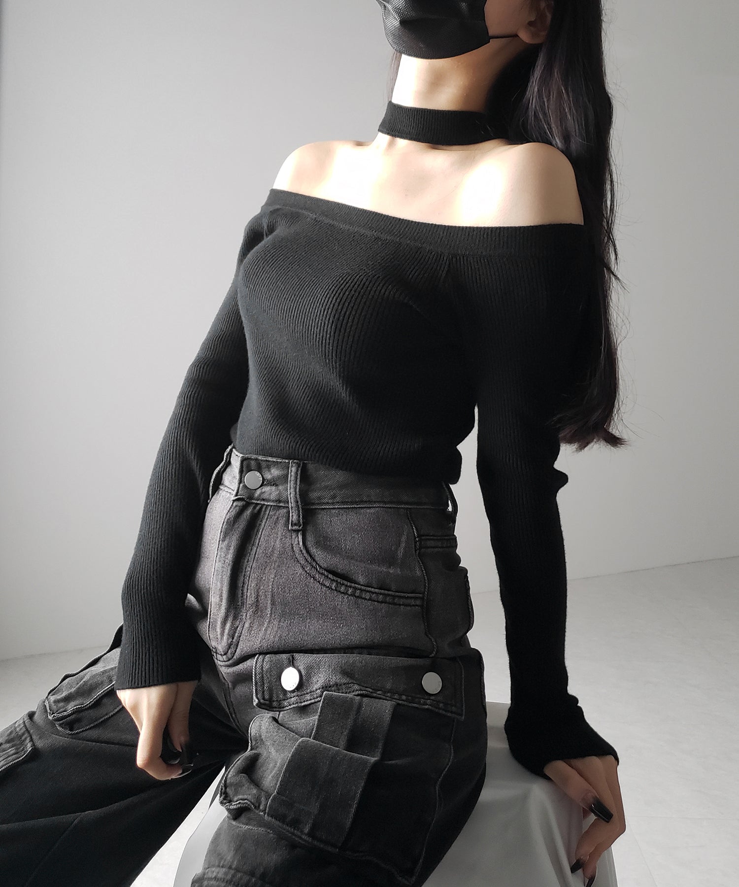 【 2color 】チョーカーオフショルリブニットトップス /choker offshoulder lib knit tops
