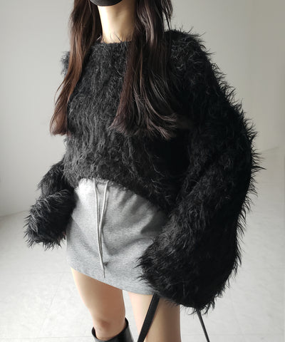【 選べる6色展開 】フラッフィーシャギールーズショートニット / fluffy shaggy loose short knit