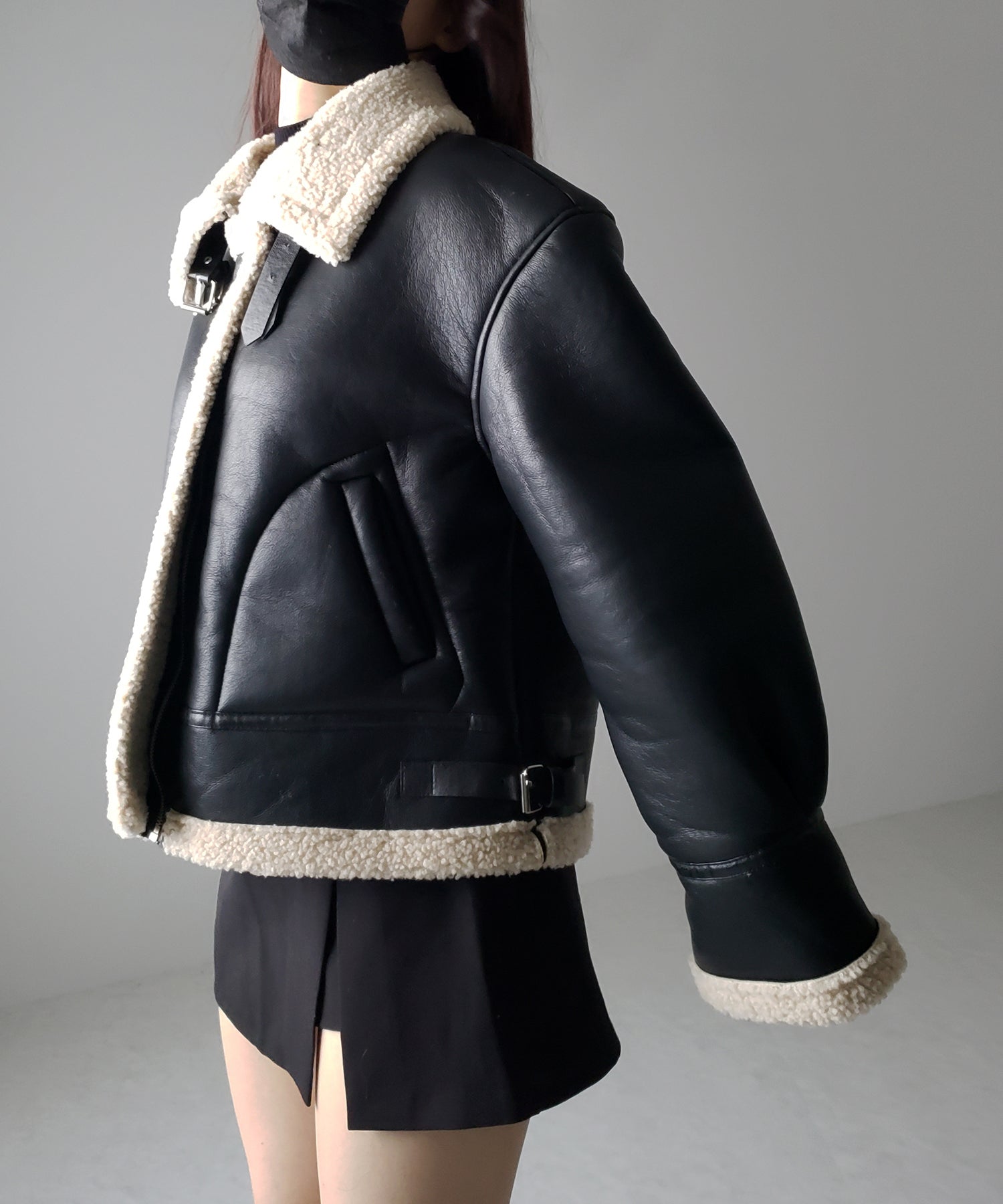 フェイクレザームートンB-3クロップドフライトジャケット