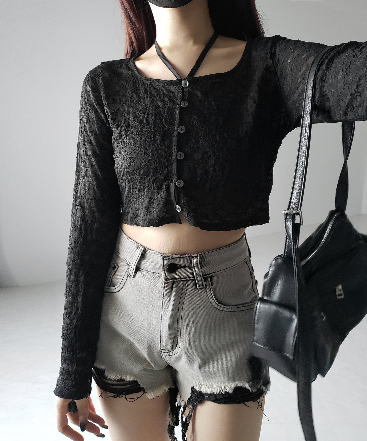 【 2WAY 】クロスストラップリボンショートレースカーディガン / cross strap ribbon short lace cardigan