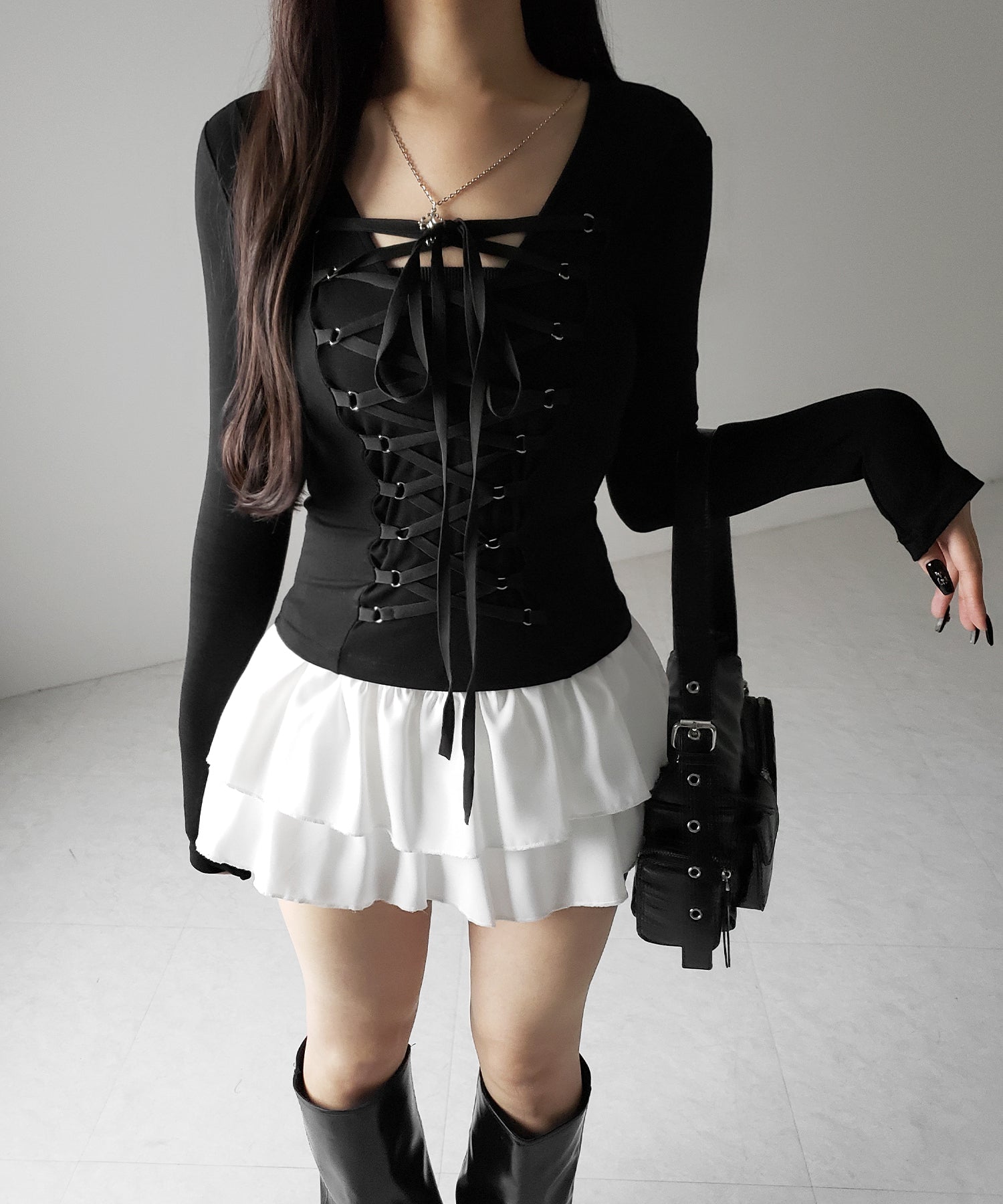 【 新色ピンク追加! /3WAY 】レースアップコルセットリボンチョーカートップス / lace up corset ribbon choker tops