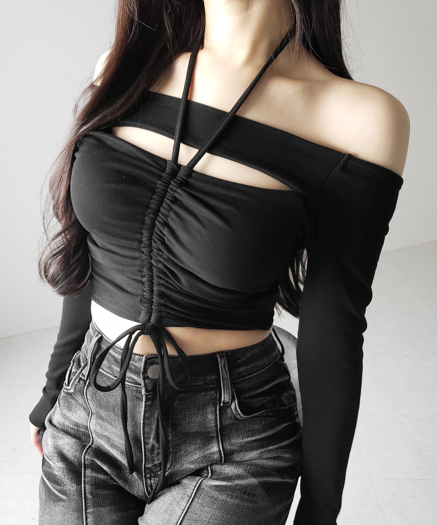 裏起毛カットアウトシャーリングぴちカットソートップス / urakimo cutout shirring pichi cutsew tops