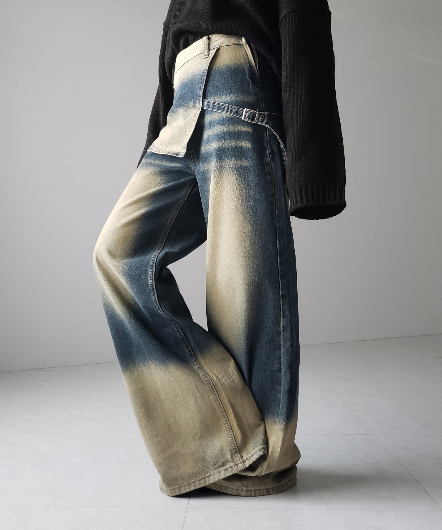 【 2color /4size 】ラップレイヤードバイカラーブリーチワイドデニム / wrap layered bicolor bleach wide denim