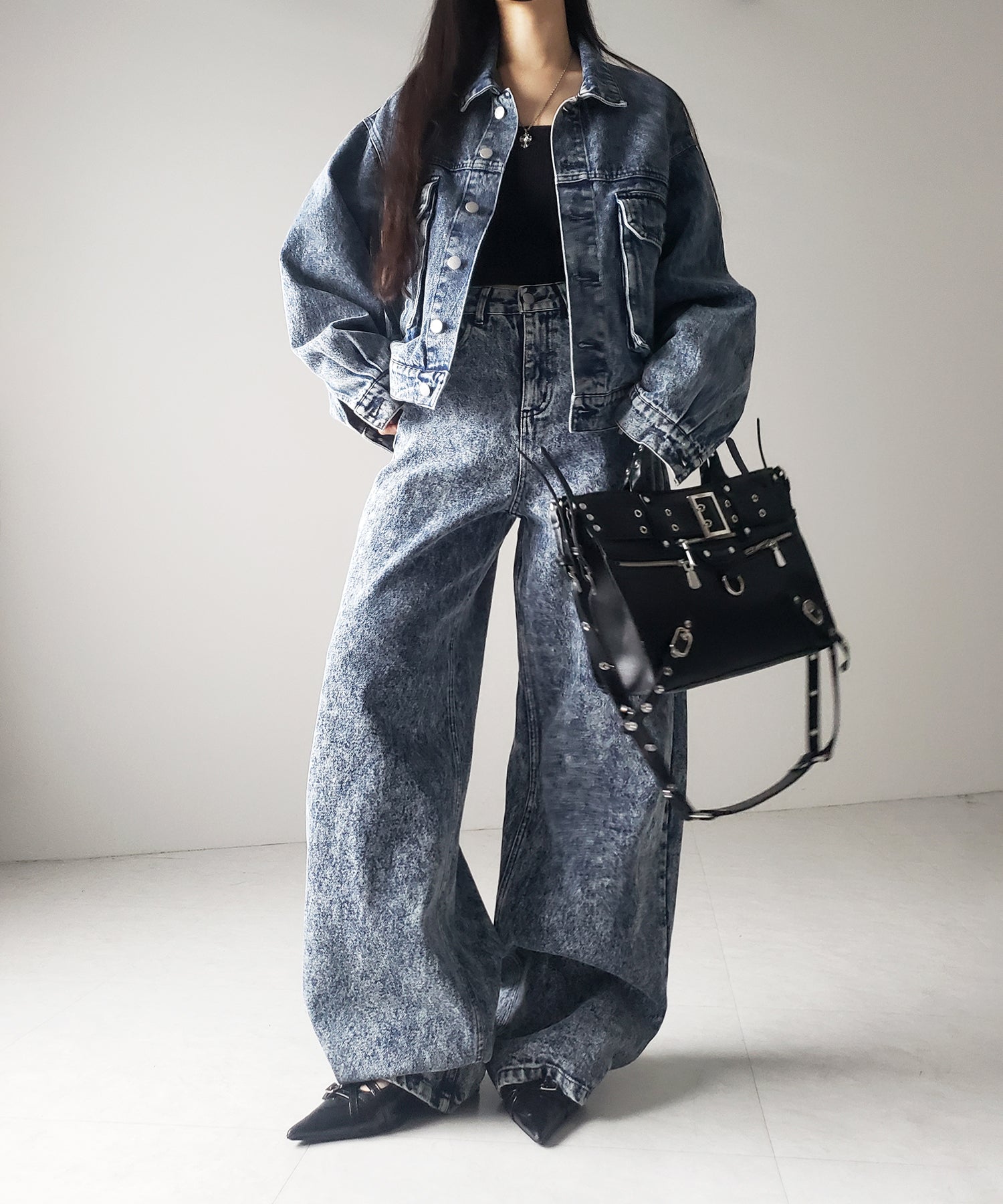 【 セットアップ着用可能 】ヴィンテージケミカルブリーチストレートワイドデニム / vintage chemical bleach straight wide denim