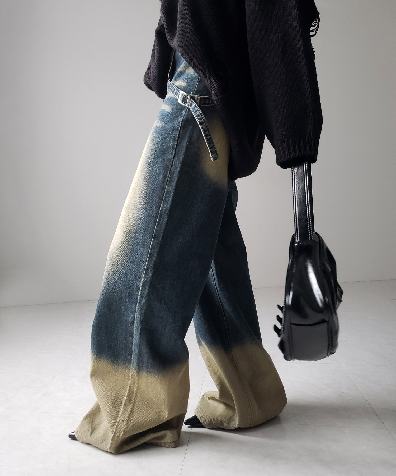 【 2color /4size 】ラップレイヤードバイカラーブリーチワイドデニム / wrap layered bicolor bleach wide denim